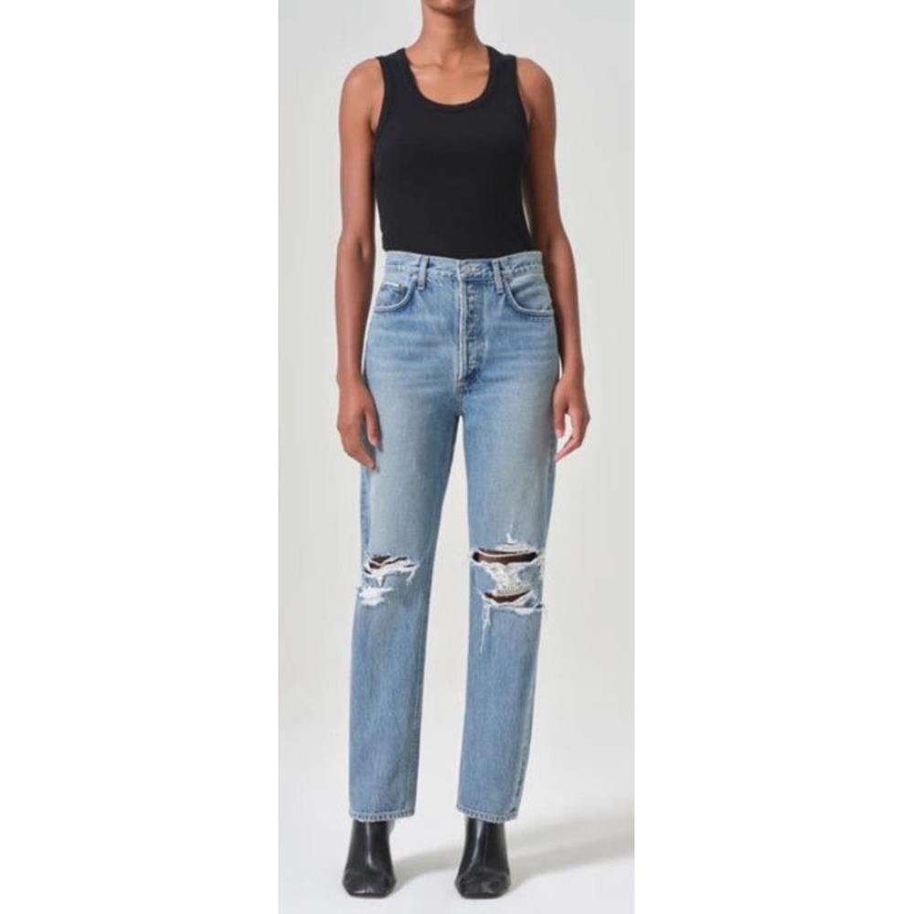 AGOLDE 90s Pinch Waist High Rise Straight Leg Distressed Jeans Blue Size 28